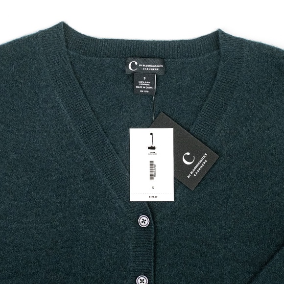 NWT C by Bloomingdale's 2-ply Cashmere V Neck Cardigan Green $178 - Size S (4-6) - Picture 3 of 7